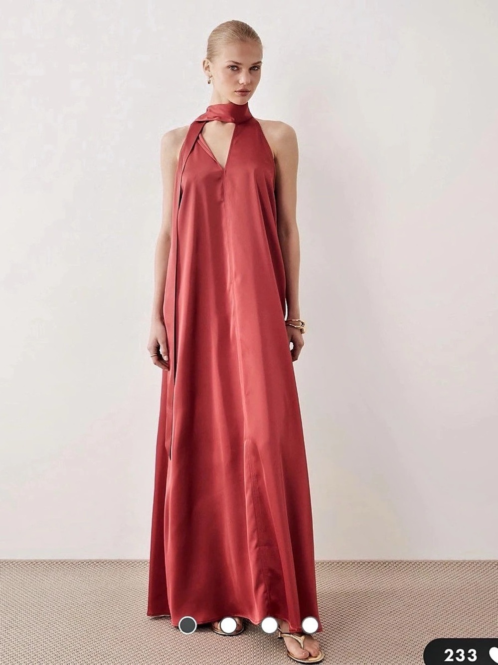 VILA scarf neck satin maxi dress in holly berry red